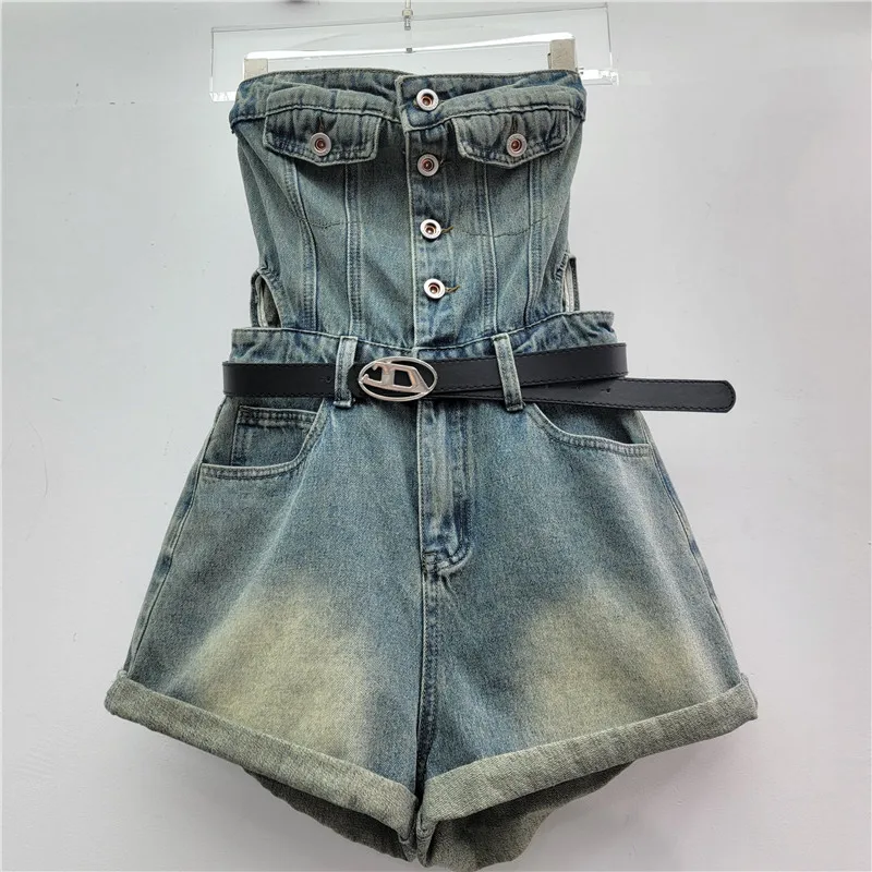 

Floral Print Denim Jumpsuit. Bandeau top & flared shorts for a sexy, playful summer look.