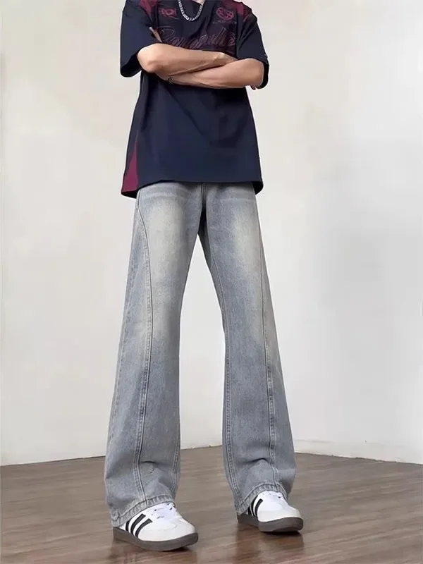 

Мужские джинсы в американском ретро-стиле, синие, с эффектом потертости, пэчворк, прямые, слегка расклешенные, повседневные, из денима