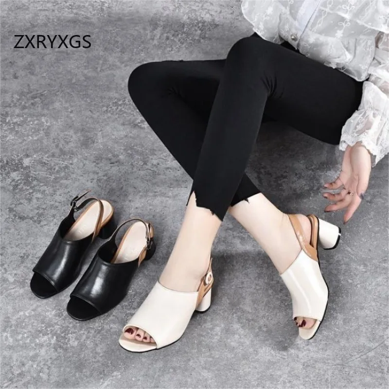 ZXRYXGS 2026 New Summer Genuine Leather Spell Colors Fish Mouth Sandals Women's Elegant Fashion Sandals Thick High Heel Sandals
