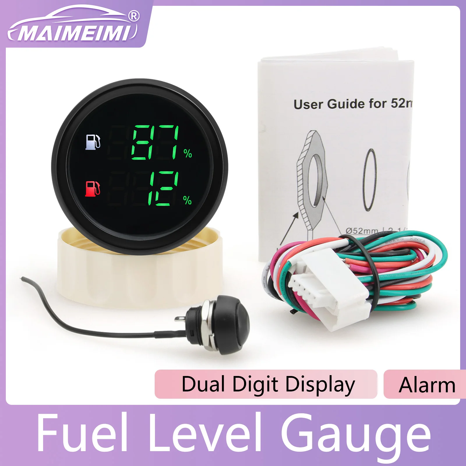 2'' 52mm Car Green LED Dual Digit Display Fuel Level Gauge Oil Tank Level Meter for Car Boat Yacht Car Accessories With Alarm