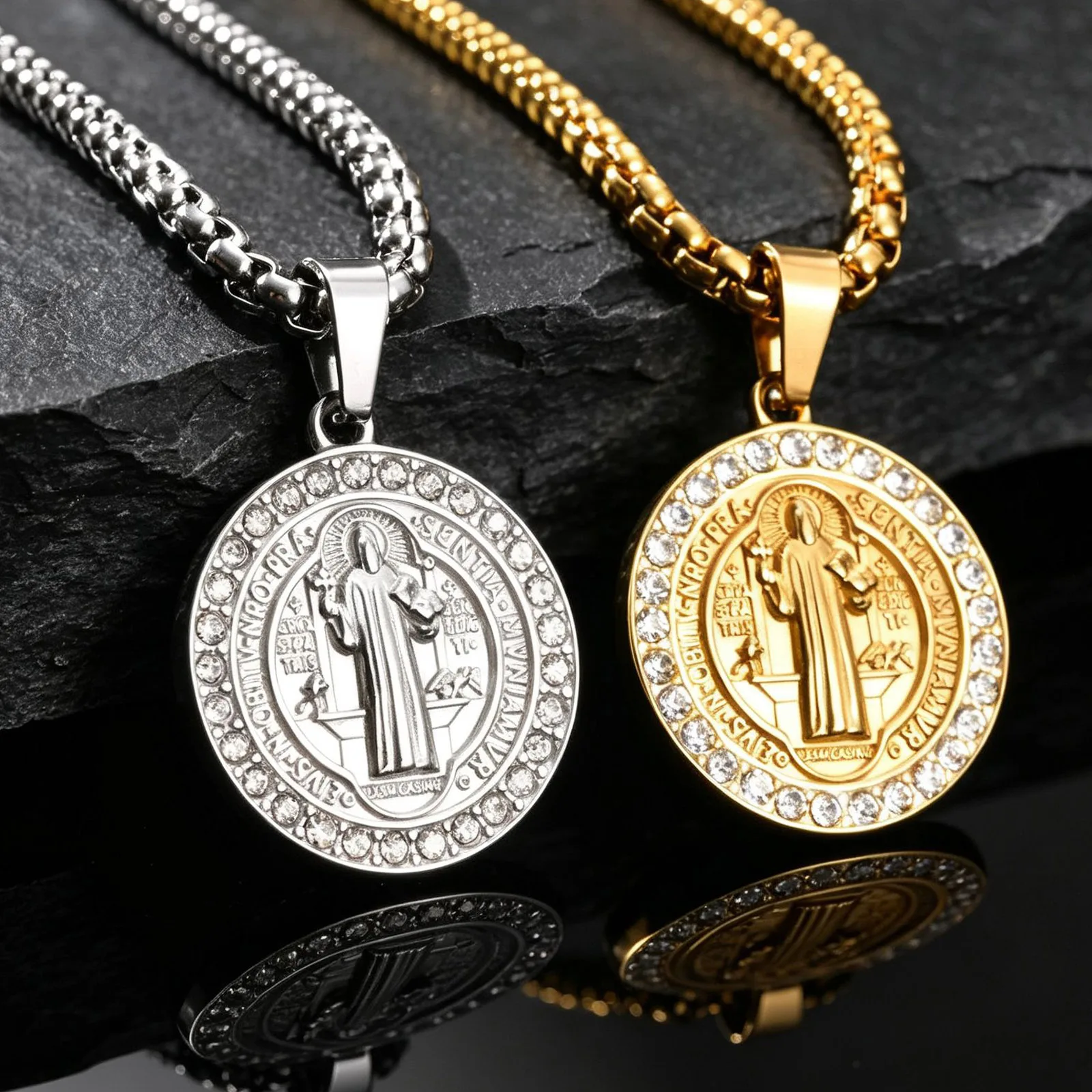 Luxury St. Benedict Medal Necklace for Men,Hip Hop Stainless Steel CZ Saint Benedict Pendant Necklace,Religious Jewelry