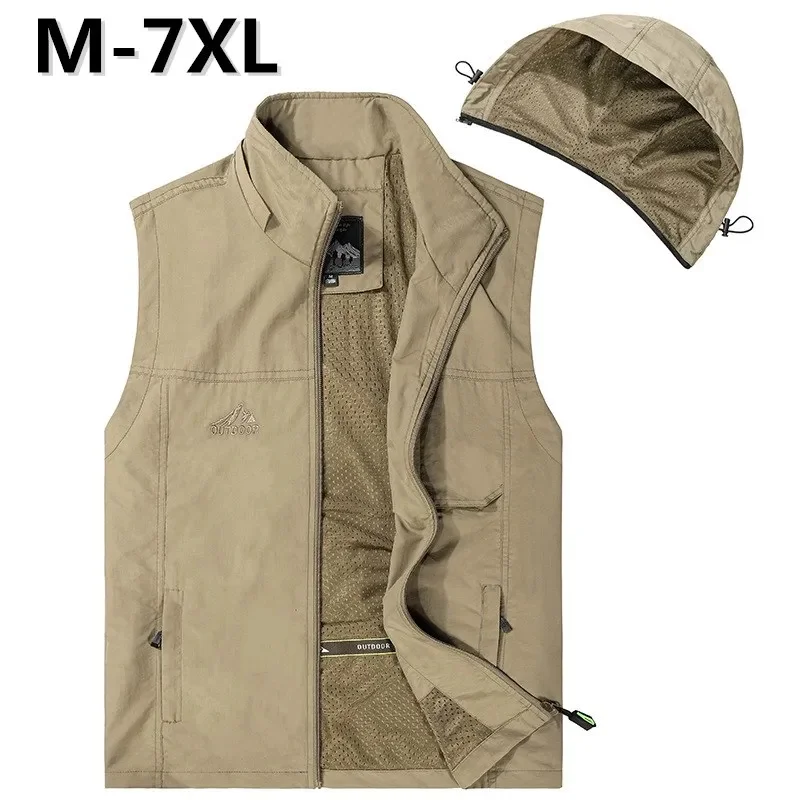 

7XL Multi Pocket Hooded Fishing Vest Spring Summer Thin Mesh Breathable Leisure Sports Waistcoat Men Outdoor Hiking Travel Vests