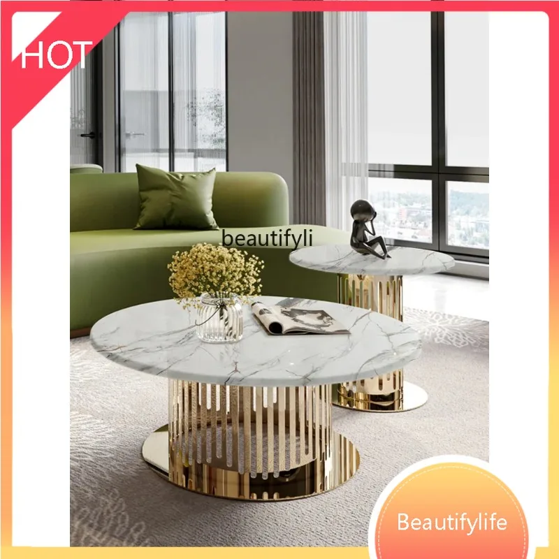 

a029 Modern light luxury round marble coffee table high-end large apartment living room rock slab coffee table