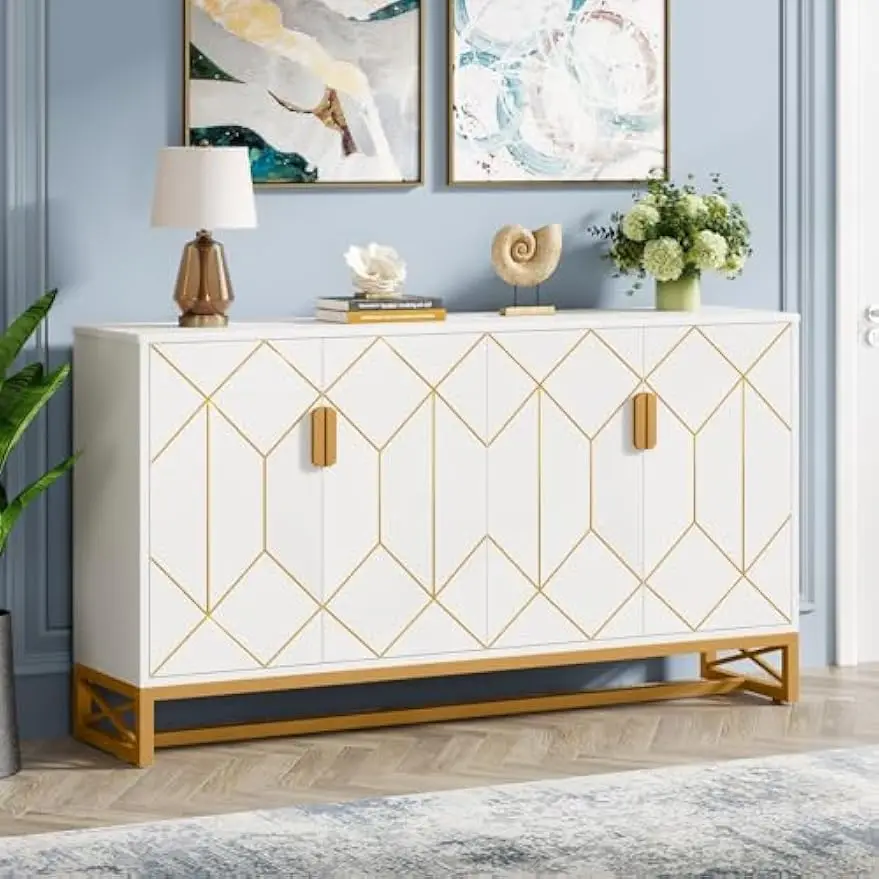 Storage Cabinet with Storage Shelves for Living Room, Modern Sideboard Buffets Cabinets Coffee Bar, White