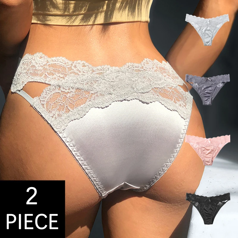 CINOON 2Pcs/Lot Women Satin Underpants Temptation Lingerie T-back Ladies Sexy Lace Briefs G-String Thong Low-waist Underwear