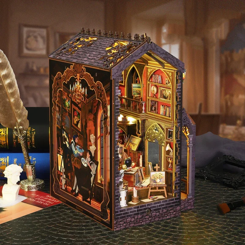 Miniature Model Kits Wonder Studio Book Nook DIY Wooden Shelf Insert Kit Bookshelf With Light Bookend for Friends Birthday Gifts