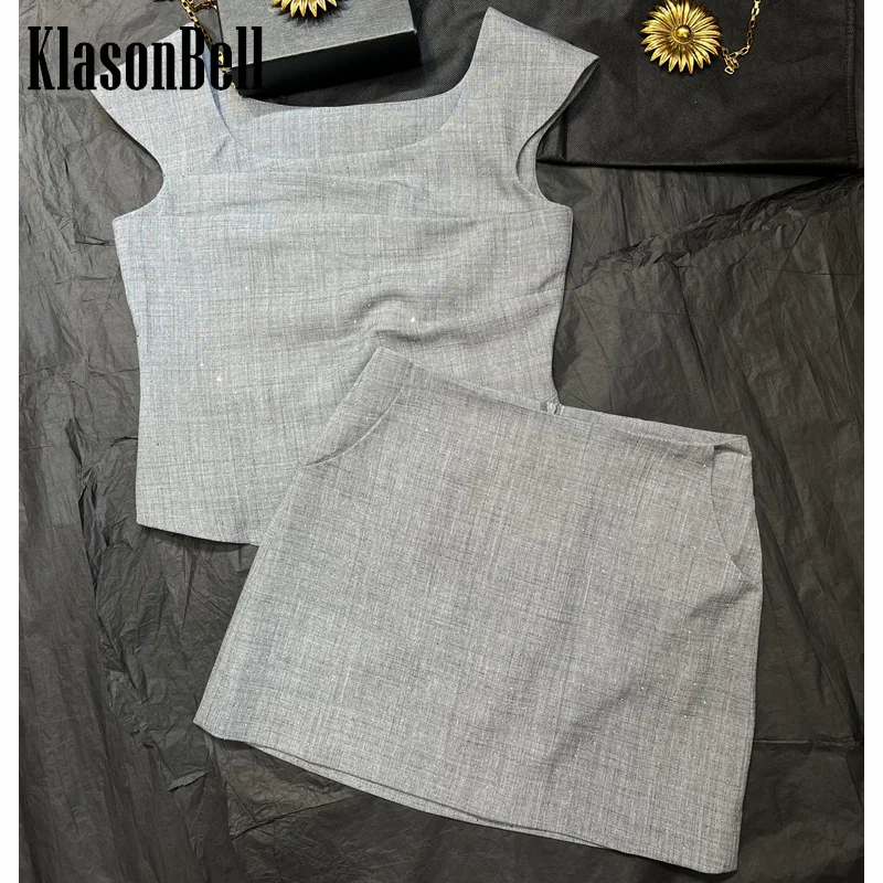 

5.5 KlasonBell Sexy Hot Girl Ruched Square Collar Sleeveless Tank Top Or Bling Diamonds Mini Skirt Temperament Set Women