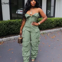 Fashion Women Jumpsuit Strapless Button Front Ruched Cargo Jumpsuit 2023 Autumn Sexy Party Street Playsuit Romper