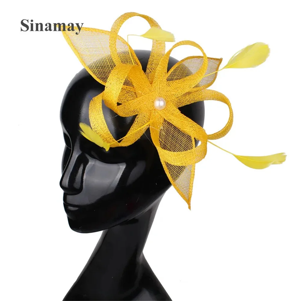 Women Girls Chic Show Headwear With Hair Clip Wedding Sinamay Fascinator Hats Fancy Feather Hair Accessories Cocktail Headdress