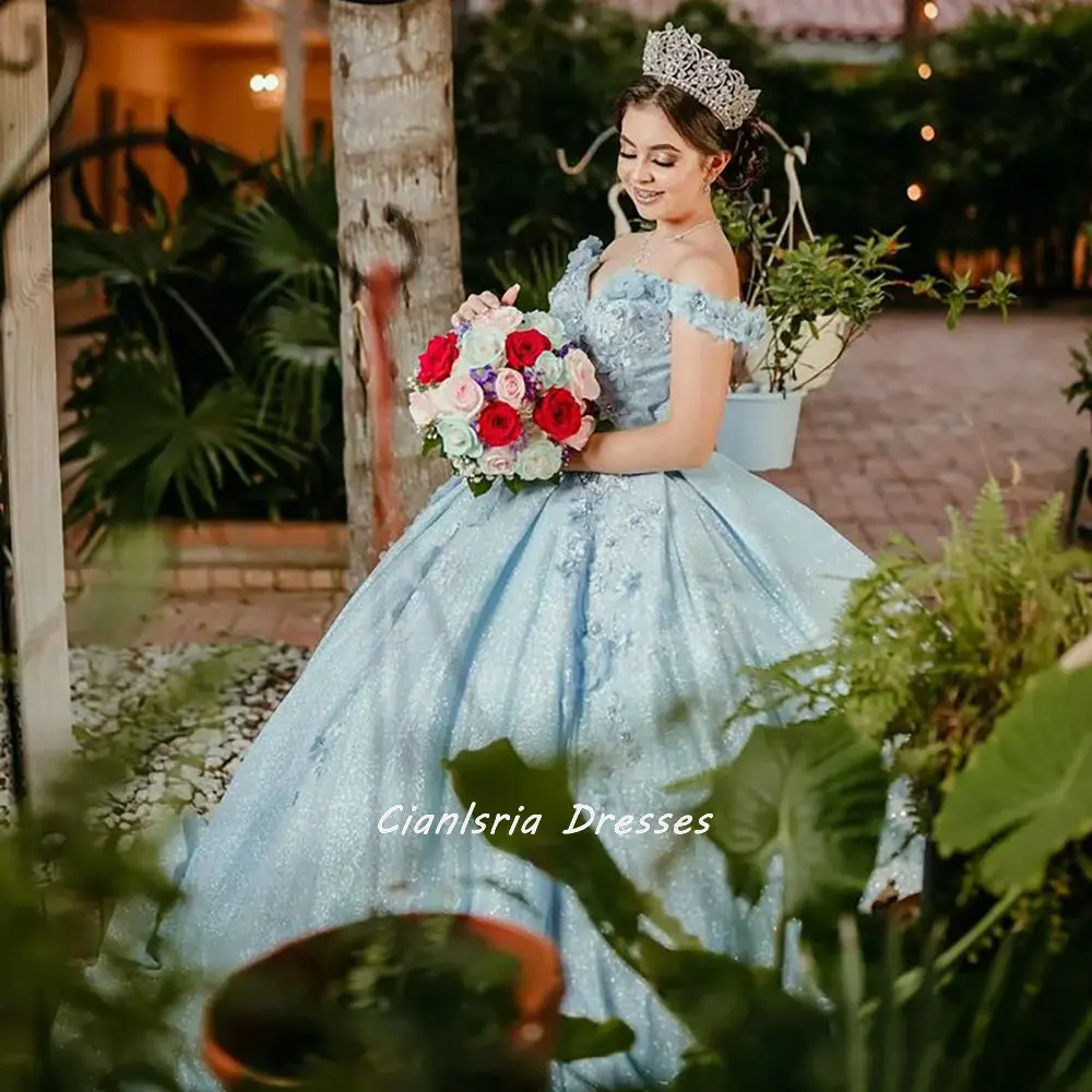 Luz azul 3d flores cristal quinceanera vestido com cabo vestido de baile fora do ombro apliques espartilho doce 15 vestidos xv años