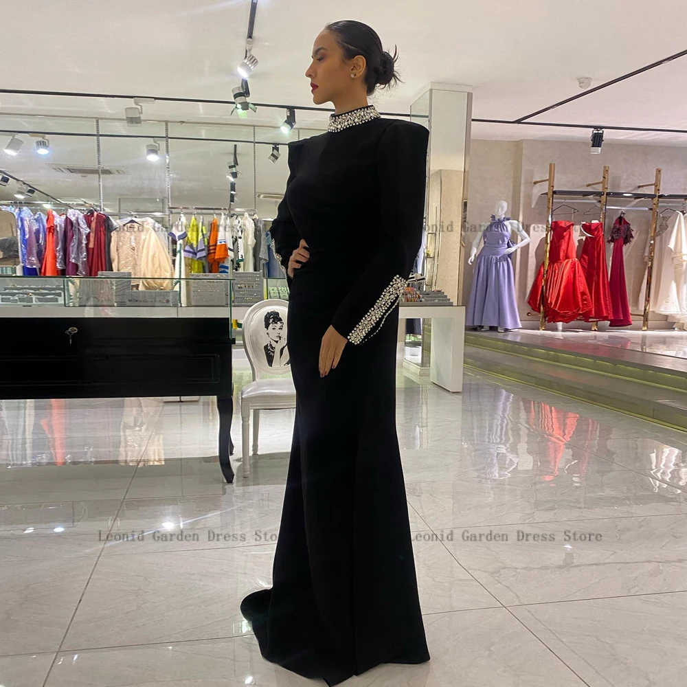 Elegant Black Prom Dresses High Neck Long Sleeves Evening Gowns Beadings Floor Length Side Slit Mermaid 2024 فساتين السهرة