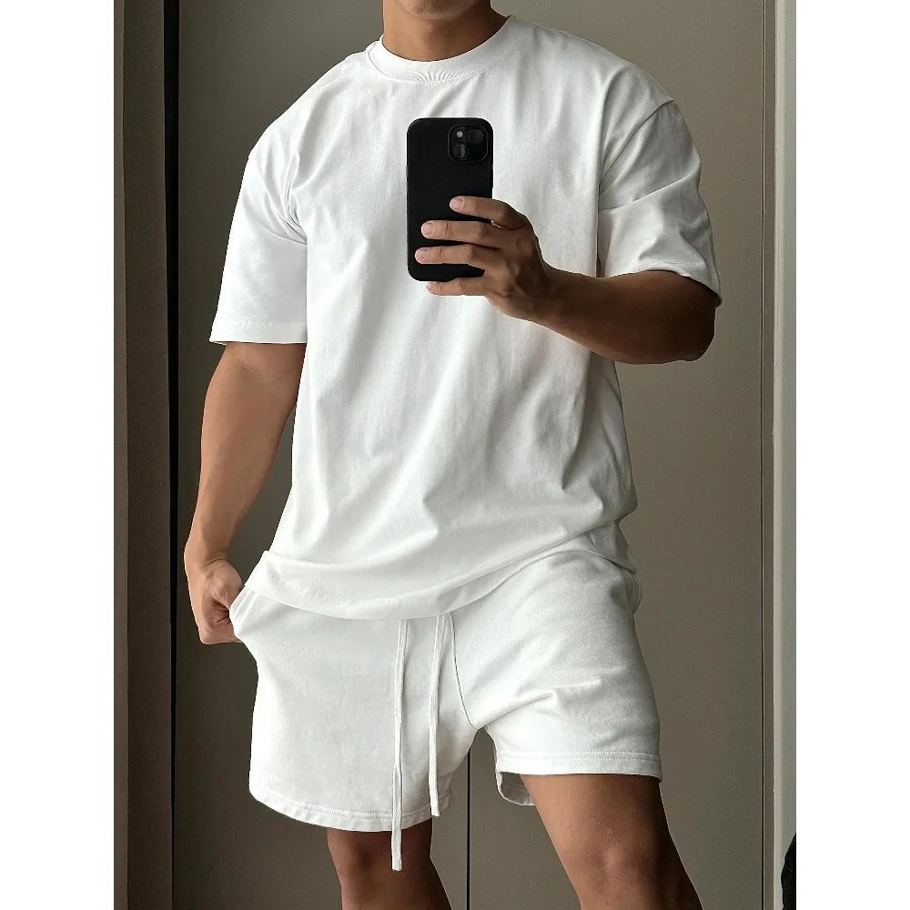 Men's Pure Cotton Short Sleeved Shorts Set, Trendy European and American High Street Loose Sports and Leisure T-shirt
