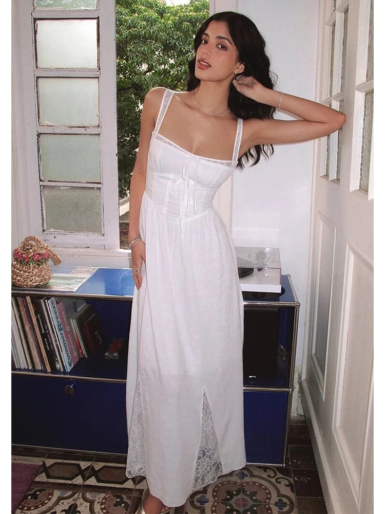 

Lace White Cotton Summer Dress Women Bowknot Maxi Long Dress Beach Casual New in Vestidos Spring Tank Dress 2025