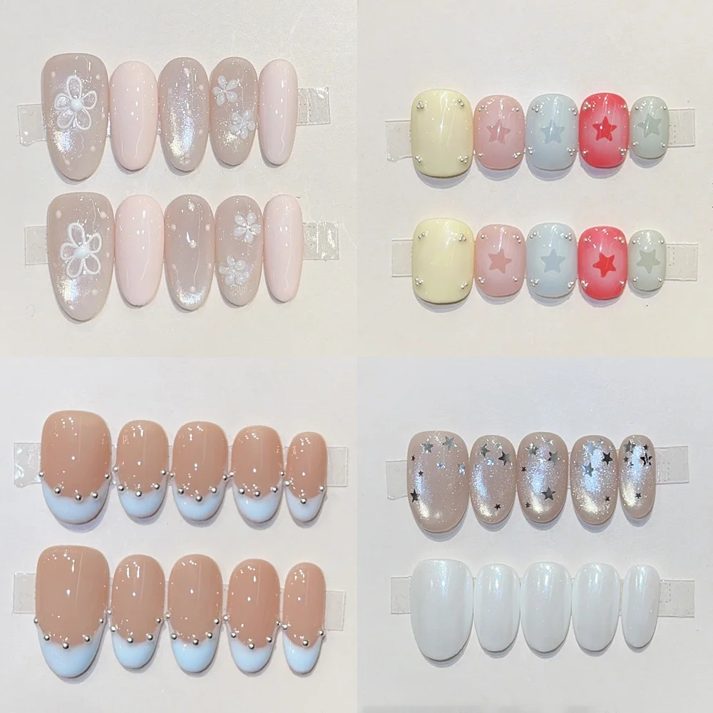 

French Gentle Light Pink Flowers Cat Eye Ellipse Trapezoid Nail Art 3D Diamonds Dot Star Fake Nail Summer Accessories Stickers