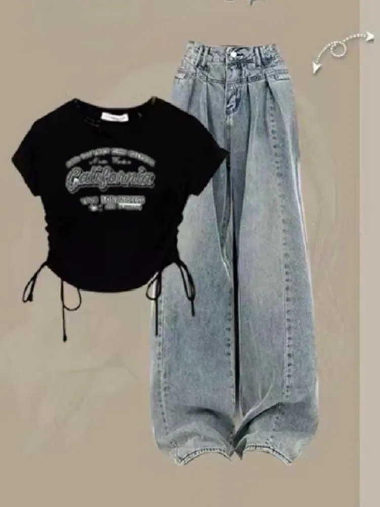 Koreaanse Stijl Nieuwe Zomer Dames Trekkoord Korte Mouwen T-Shirt Sweet Cool Set Hoge Taille Amerikaanse Retro Jeans Tweedelige Set