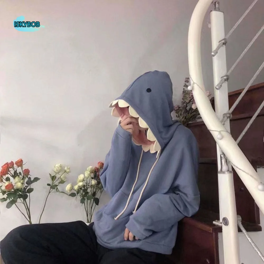 

Aesthetic Long Sleeve Fleece Shark Hoodies Pullover Top Coat Hooded Sweatshirts Drawstring Casual Shark Hat Sweater Women Man