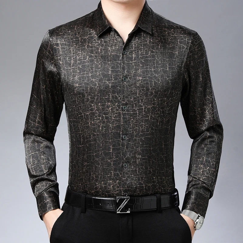 

Silk Blends Lightweight Shirts For Men Long Sleeve Cracked Print Summer Coolness Quality Smart Casual Handsome Camisas De Hombre