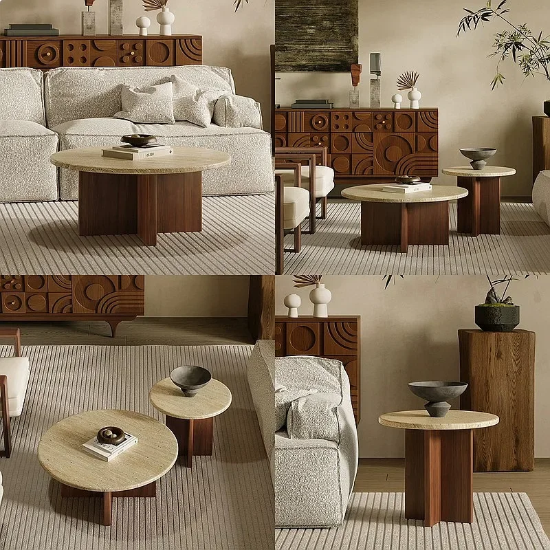 N80 Wabi-Sabi Travertine Coffee Table Set Round Nesting Tables Solid Wood Side Table for Living Room Small Space