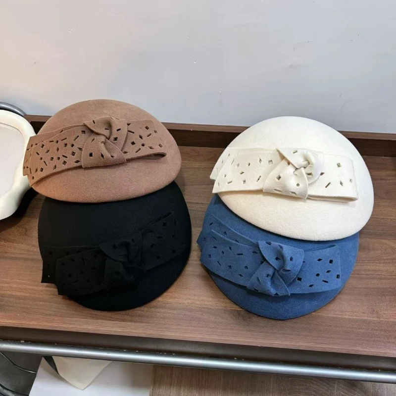 الشتاء موضة الصوف الفاسناتور قبعة قبعة للنساء Bowknot ورأى أبيض أسود فيدورا كوكتيل الكنيسة الزفاف قبعة مستديرة