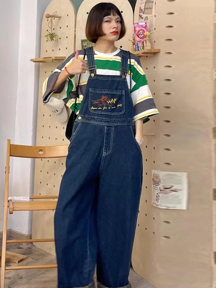 2024 Embroidered Jean Jumpsuits Women New Vintage Baggy Denim Overalls High Street Straight Loose Wide-leg Pants Female