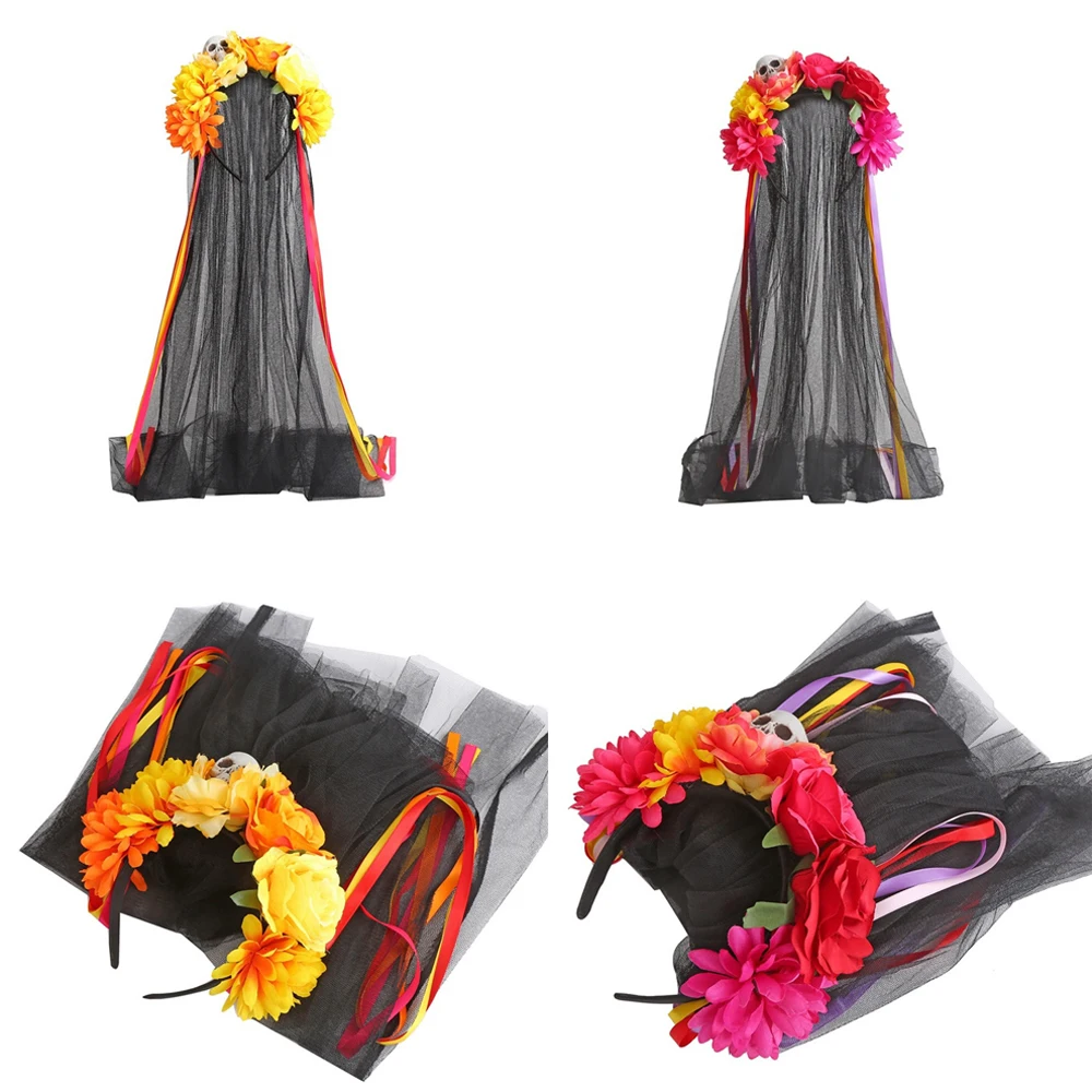 1PC Skeleton Head Hair Bands Halloween Floral Headwear With Long Lace Ladies Girls Day of the Dead Party Cosplay Hair Accessorie