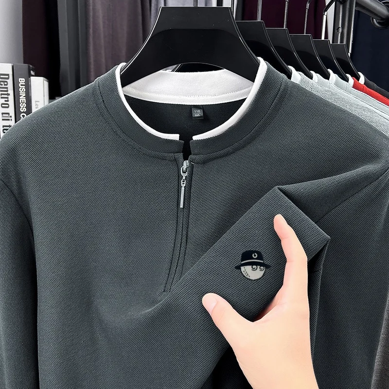 Exquisite Advanced Men's Stand Collar Quarter Zip T-Shirt Autumn Warm Fake Two Piece Sleeve Tops Business Casual Men's Clothing