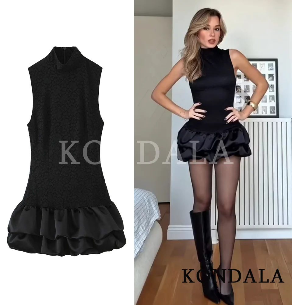 KONDALA Party Schwarzes Spitzenknospen-Kurzkleid für Damen, romantisch, schlank, ärmellos, Minikleid, 2025, neue Mode, Abendessen, Dating-Damenkleid