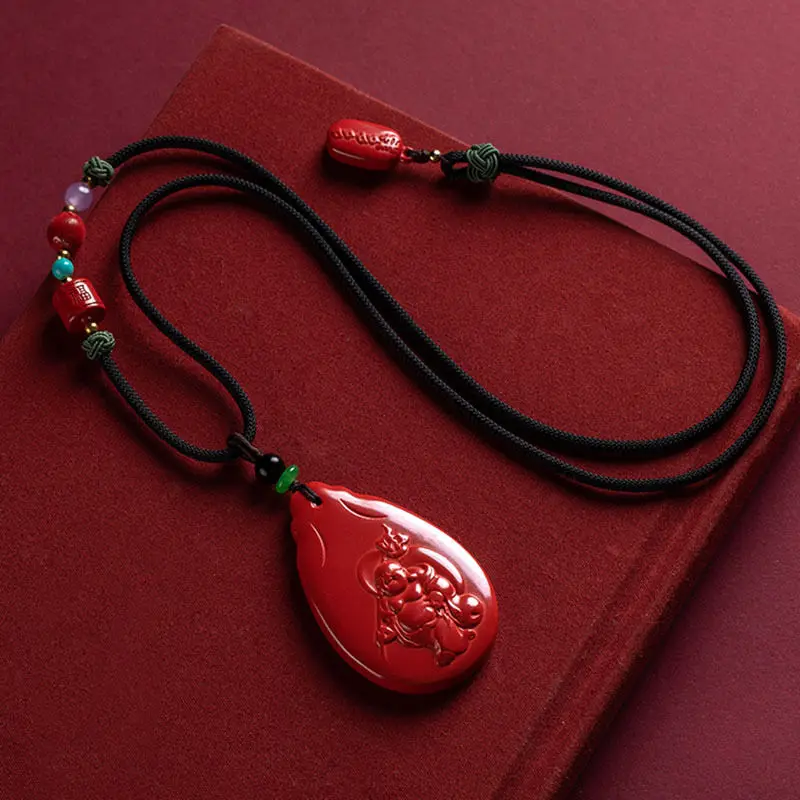 The original ore emperor sand Maitreya pendant necklace pendant natural cinnabar fashion sweater chain animal year ornaments.