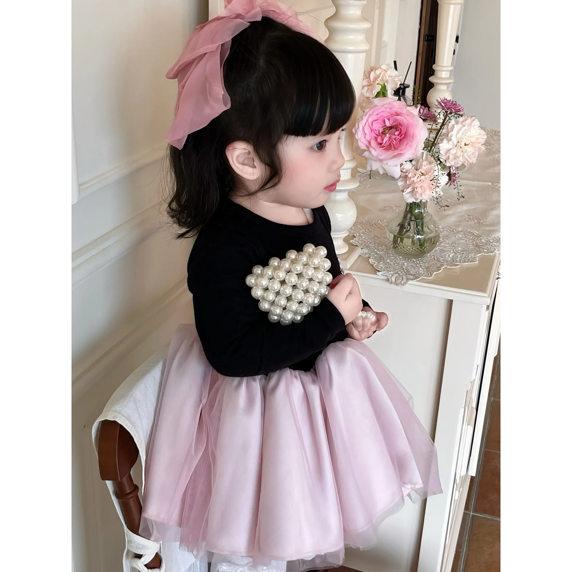 Princess Style Birthday Girl's Dress Cute Splice Mesh Skirt Spring New Fashion Children's Clothing 50% Cotton 50% Polyester