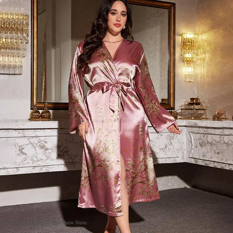 Grote Maat Vrouwen Lange Gewaad Thuis Kleding Nieuwe Print Cherry Kimono Badjas Gown Losse Zijde Rayon Nachtkleding Loungewear 3XL 4XL 5XL