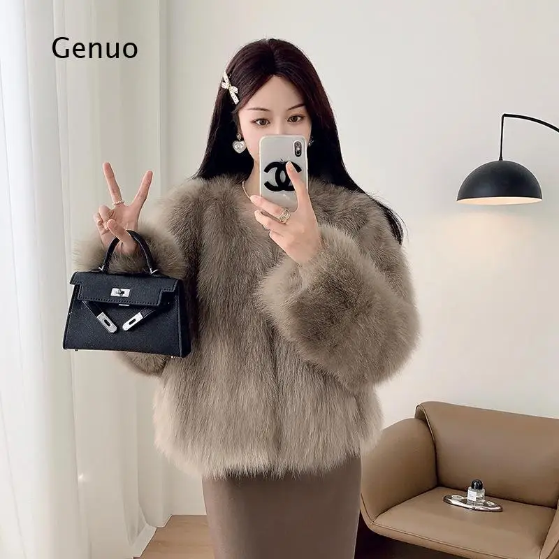 Winter Faux Fox Fur V Neck Short Coat Warm Plush Outerwear Casual Versatile Jacket for Ladies Daily Work Travel