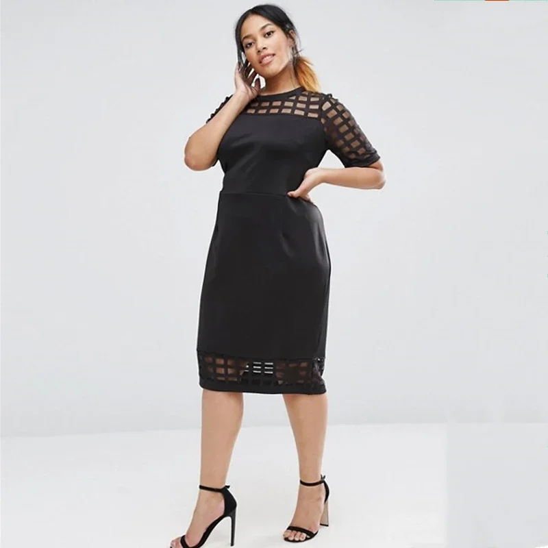 Plus Size Half Plaid Sleeve Patchwork Elegant Midi Dress Women Solid Black Summer Spring Causal Straight Office Lady Dress 6XL