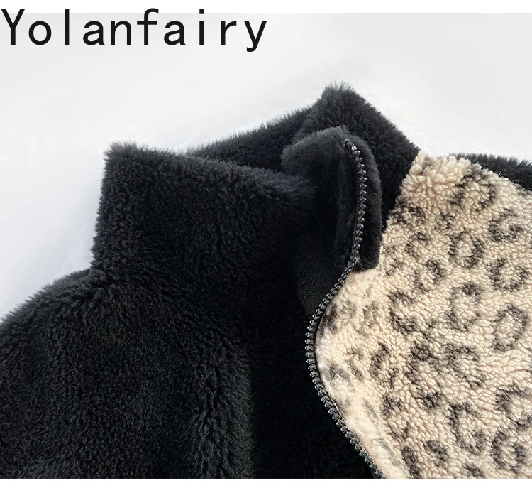 YOLANFAIRY 100% Wool Genuine Fur Coat Women Leopard Print Shearing Womens Clothes Lamb Mid-length Jacktet Winter Chaqueta Mujer