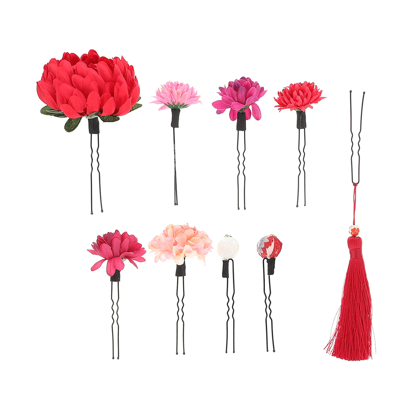 

9pcs Kimono Stick Cloth Flower Decoration Japanese Style Tassel Hair Pin For Women Travel Photo Party Use Long Lasting