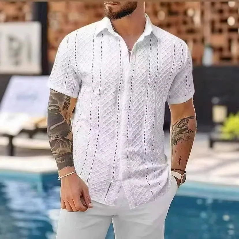 

European And American Summer Men's Geometric Jacquard Hollow-Out Single-Breasted Casual Short-Sleeve