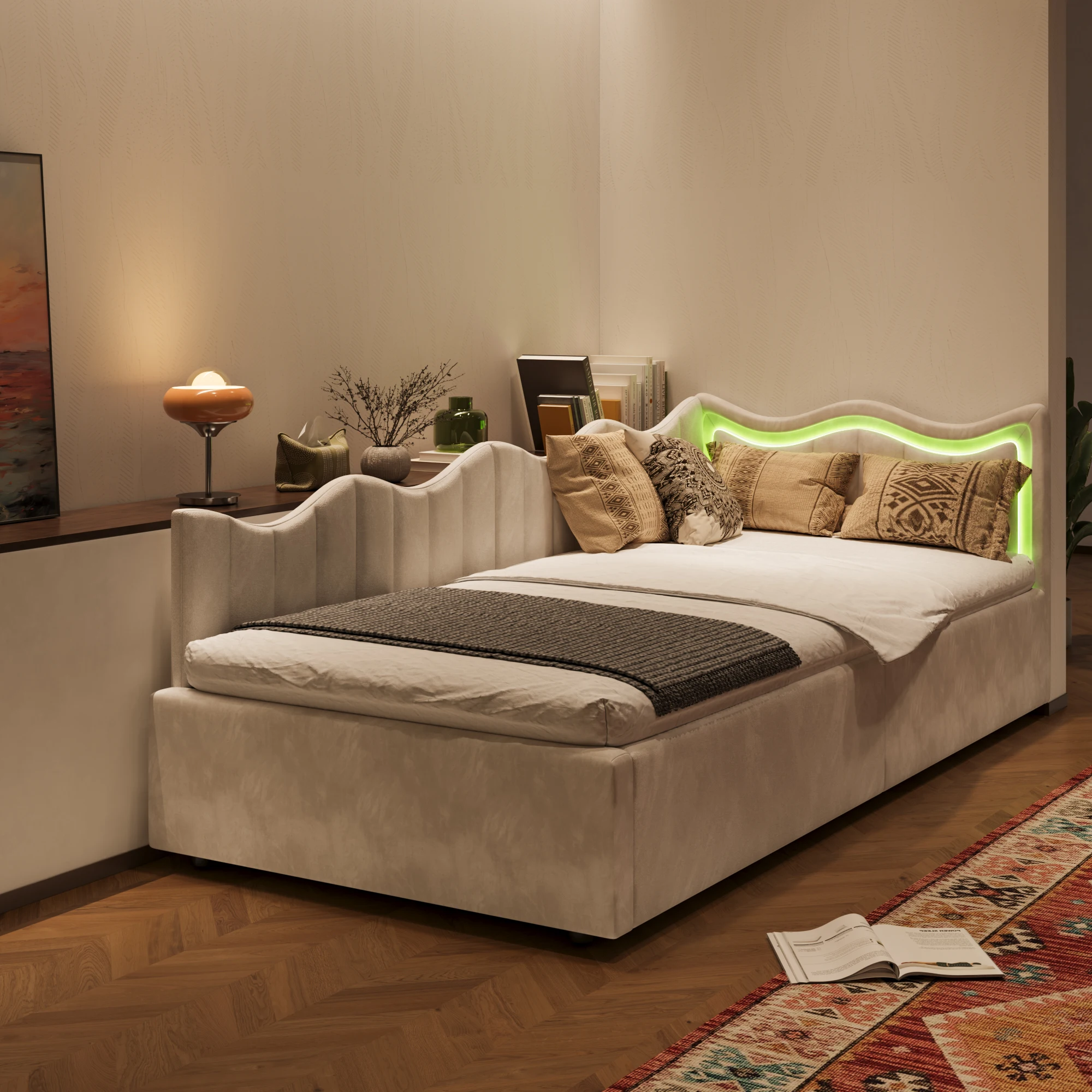 Rosahqnda eenpersoonsbed 90 x 200 cm, gestoffeerde slaapbank, met LED-verlichting en USB, jeugdbed met lattenbodem, dagbed, zonder matras