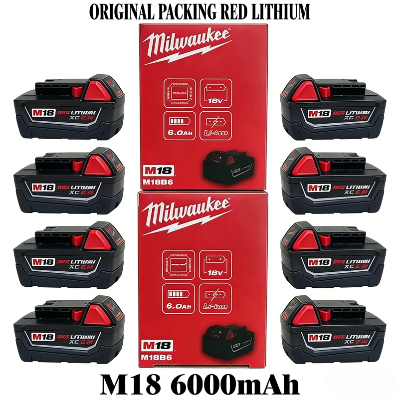 

Milwaukee M18 6.0Ah 5.0Ah Battery, 18V RED Lithium-Ion Replacement Battery for 48-11-1860 2604-22 M18 Power Tools