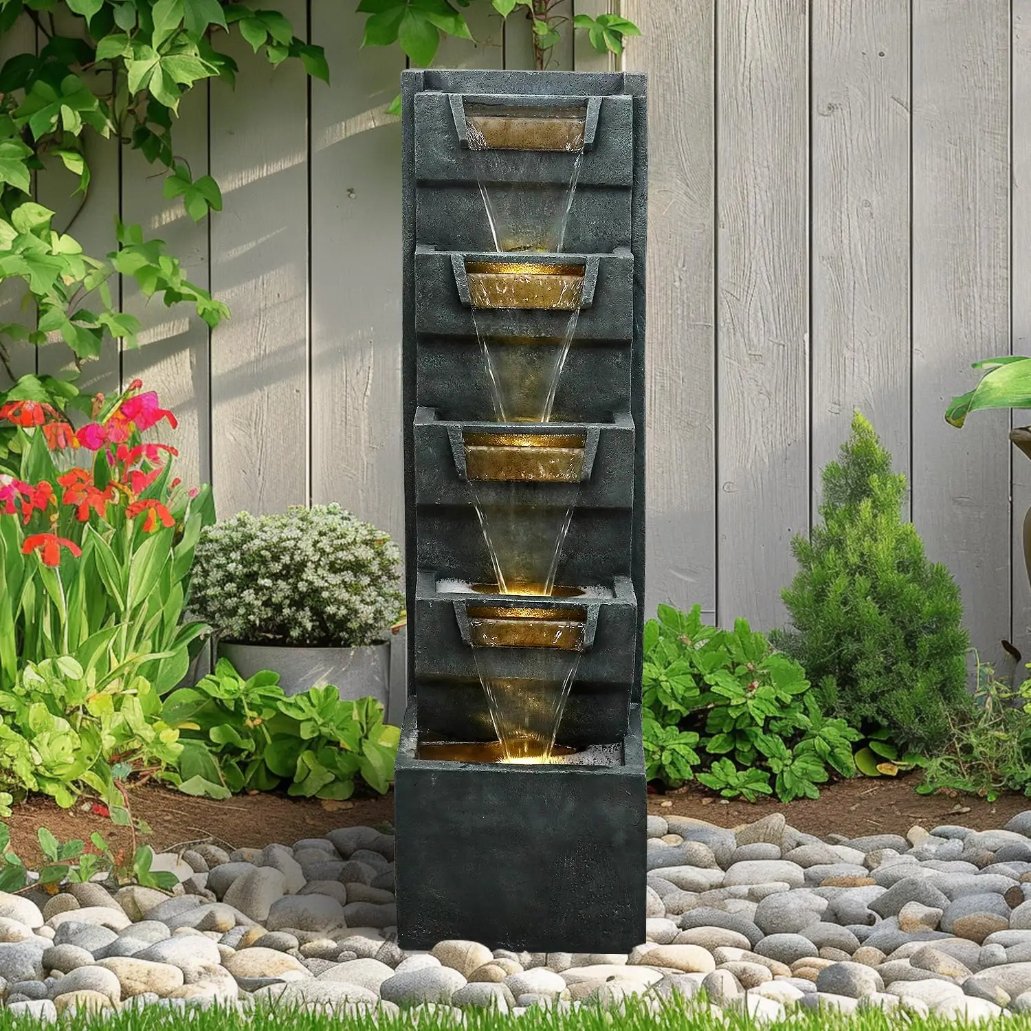 Cascading LED Fountain Large Outdoor Waterfall Garden Patio Deck Decor