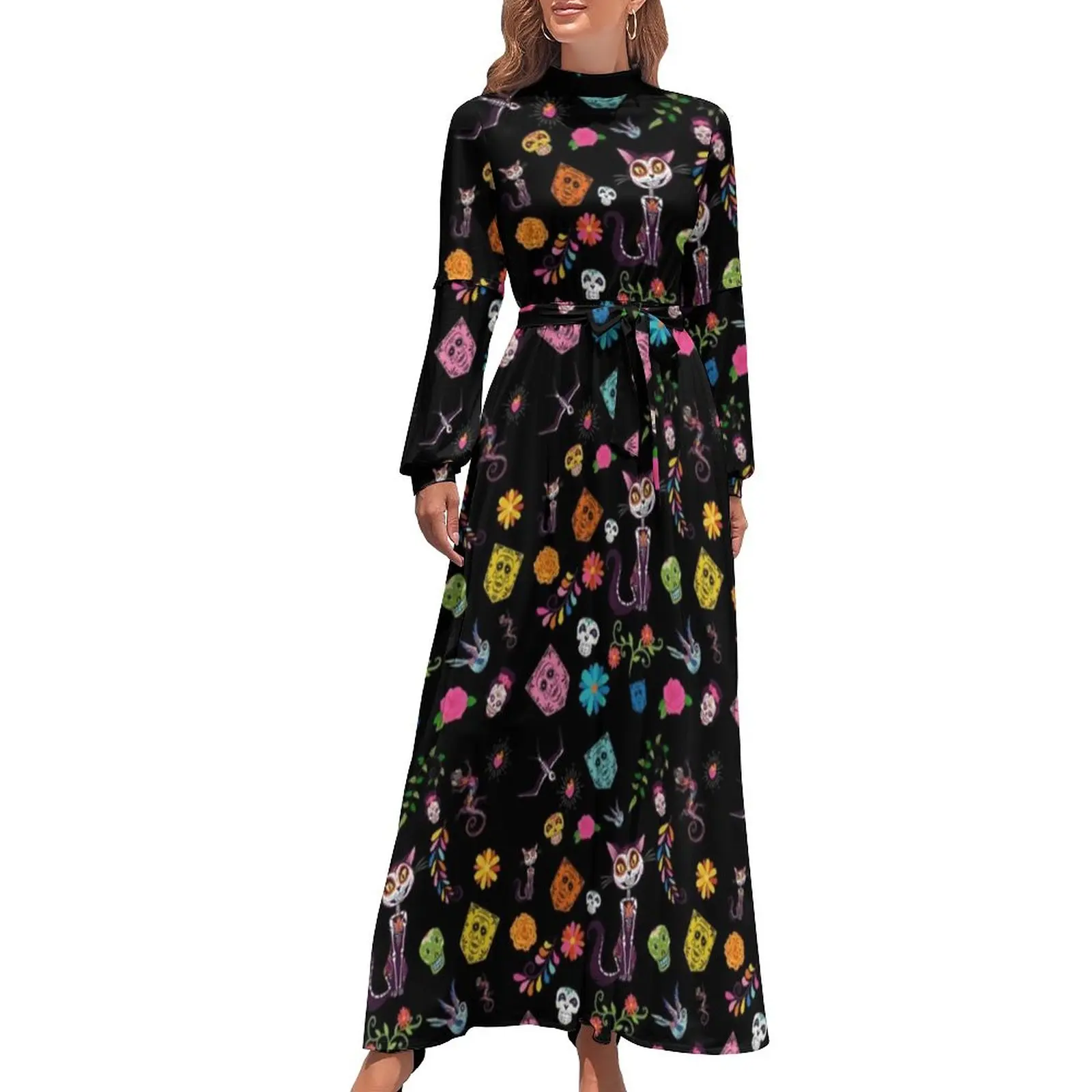 Sugar Skull Cat Dress Day of The Dead Street Style Beach Dresses Woman Long Sleeve High Waist Modern Long Maxi Dress