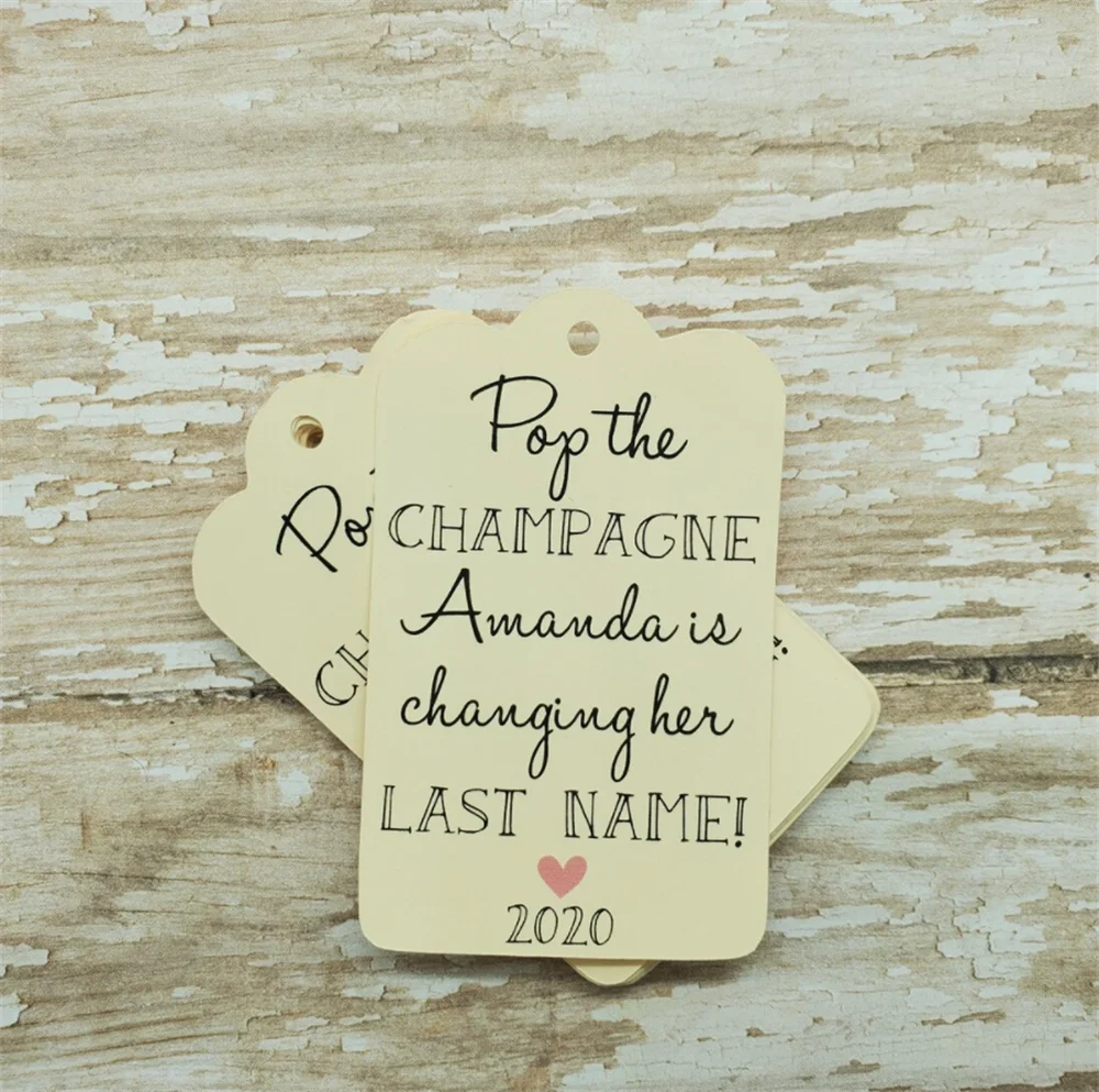 50pcs Pop the champagne, shes changing her name, bridal shower bachelorette party, favor tag champagne wedding shower engagement