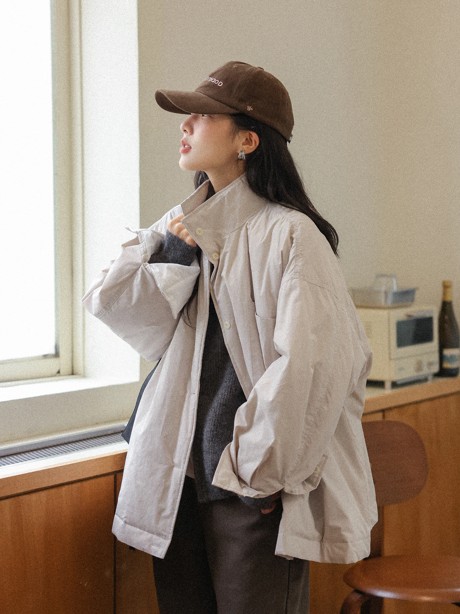 

Thiened Cotton Jaet Stand Collar Women's Winter Coat Warm Filling Lazy Sle Outerwear Long Sve Mid-Length Single Button