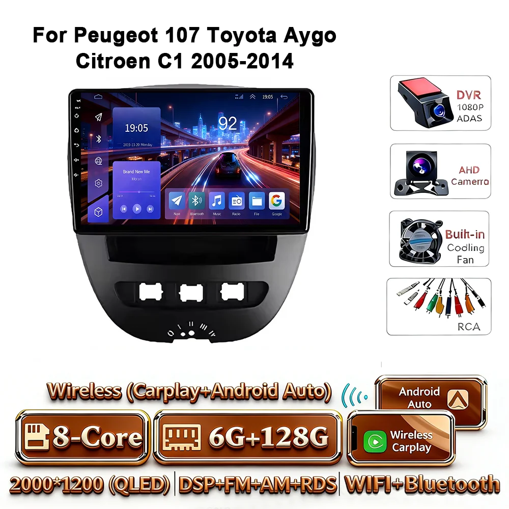 Android 17 Carplay Auto 4G WIFI autoradio voor Peugeot 107 Toyota Aygo Citroen C1 2005-2014 GPS BT DSP touchscreen multimedia