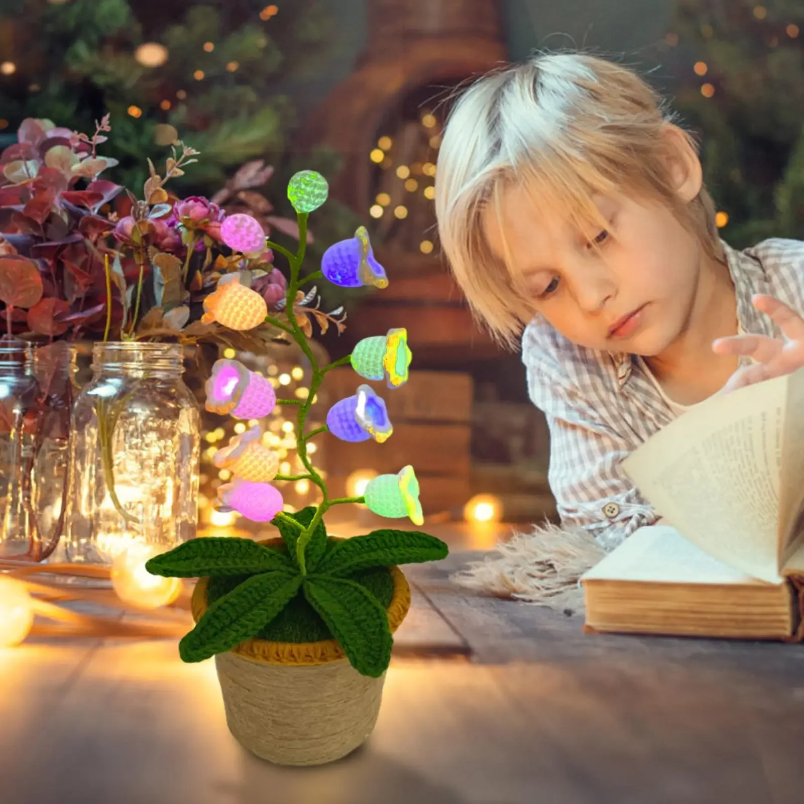 Flower Night Light Flower Lamp Light Decoration Cute Knitting Lantern for Room Girlfriend Desk Home Mom Birthday Wedding Party