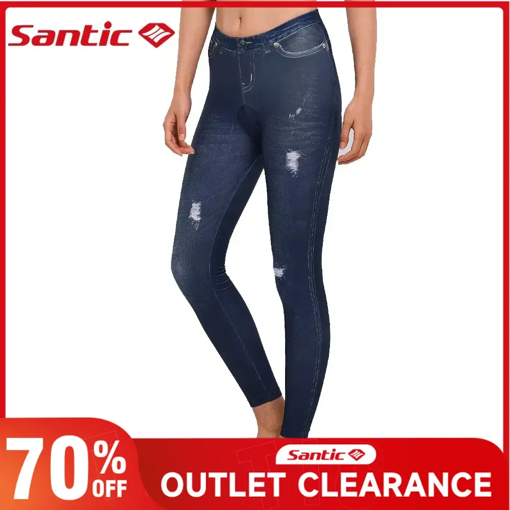 

Santic Summer Women's Long Pants High Elastic Imitation Denim Bicycle Leggings Outdoor MTB/Road Bike Padded Riding Cycling Pants