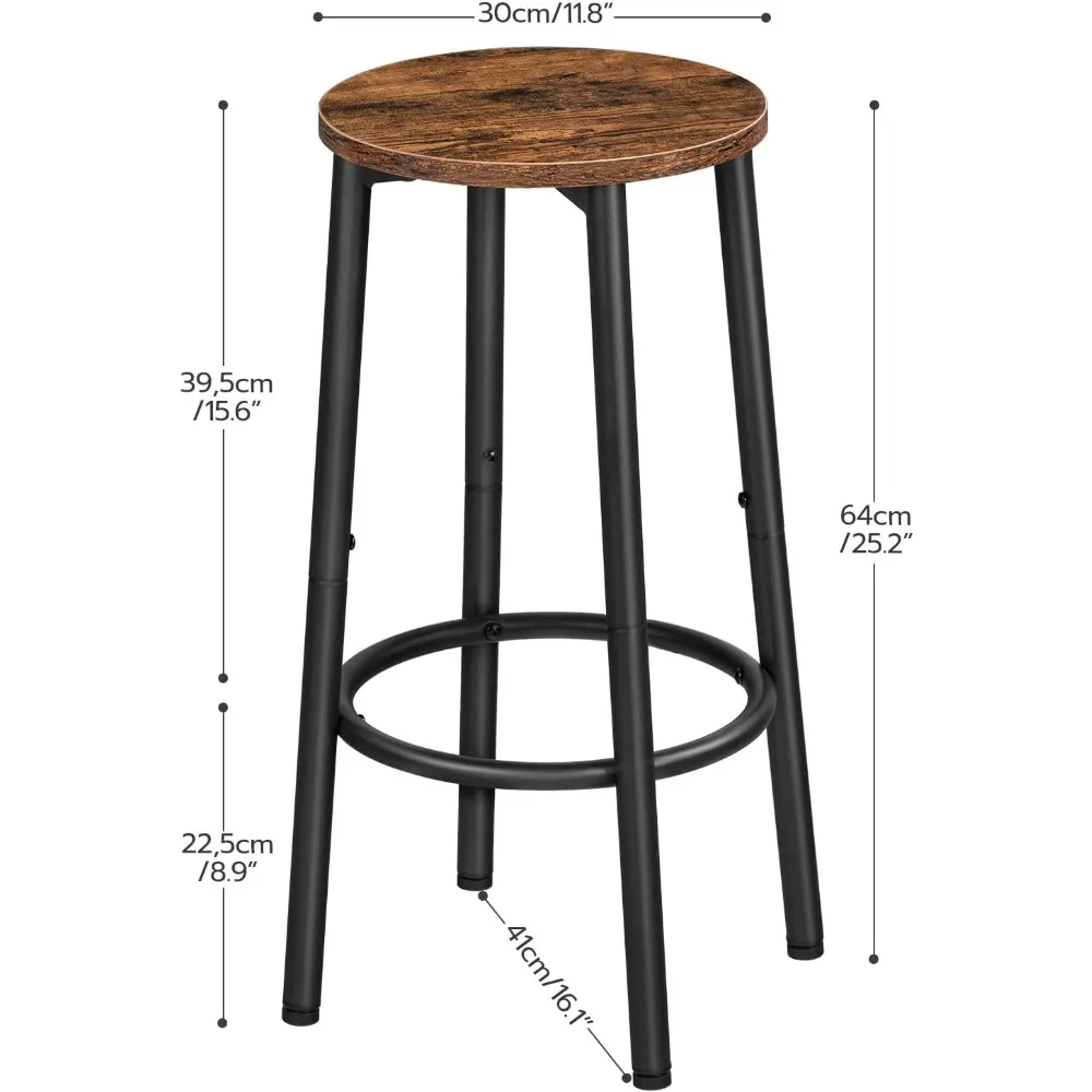 Set of 2 Kitchen Bar Stools with Footrest, Rustic Brown Steel Frame Counter Height Stools for Dining Room & Party