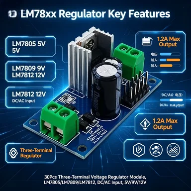 30Pcs LM7805/LM7809/LM7812 Three-Terminal Voltage Regulator Module, DC/AC Input, 5V/9V/12V 1.2A