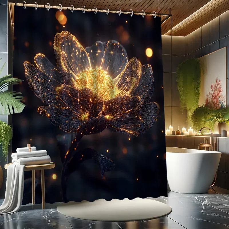 ~O~Flowing Flower Shower Curtain Set - Sparkling Light Emitting Stamens, Includes 12 Hooks, Polyester Fabric, Modern Bathroom De