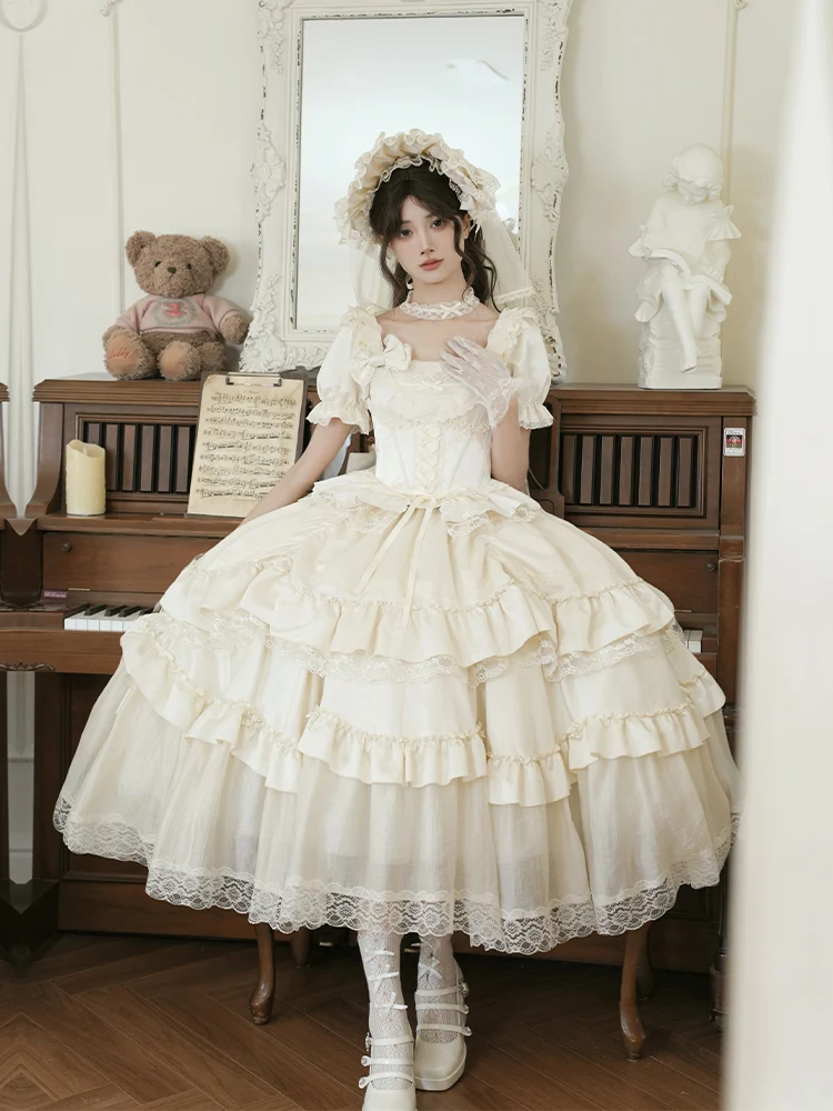 

With Puji Original Lolita Elegant And Gorgeous Flower Wedding Dress Sweet Princess Op Set Lolita Girl Tea Party Dress