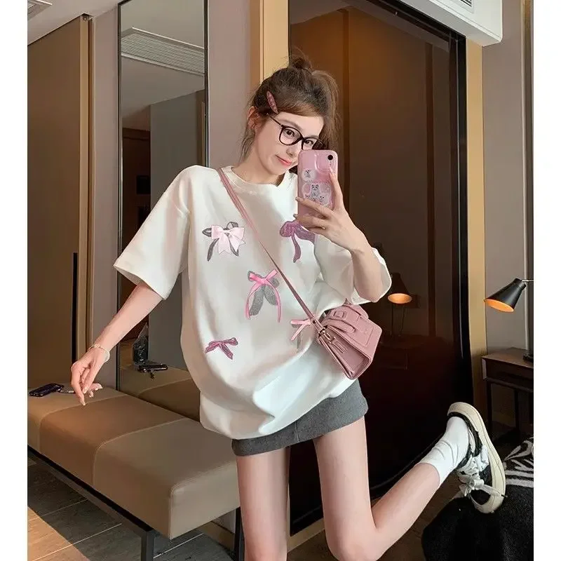 

EBAIHUI White Bow Short Sleeved T-shirt Summer Cute Korean Women's Short Sleeved T Shirt Loose Round Neck Versatile Tee