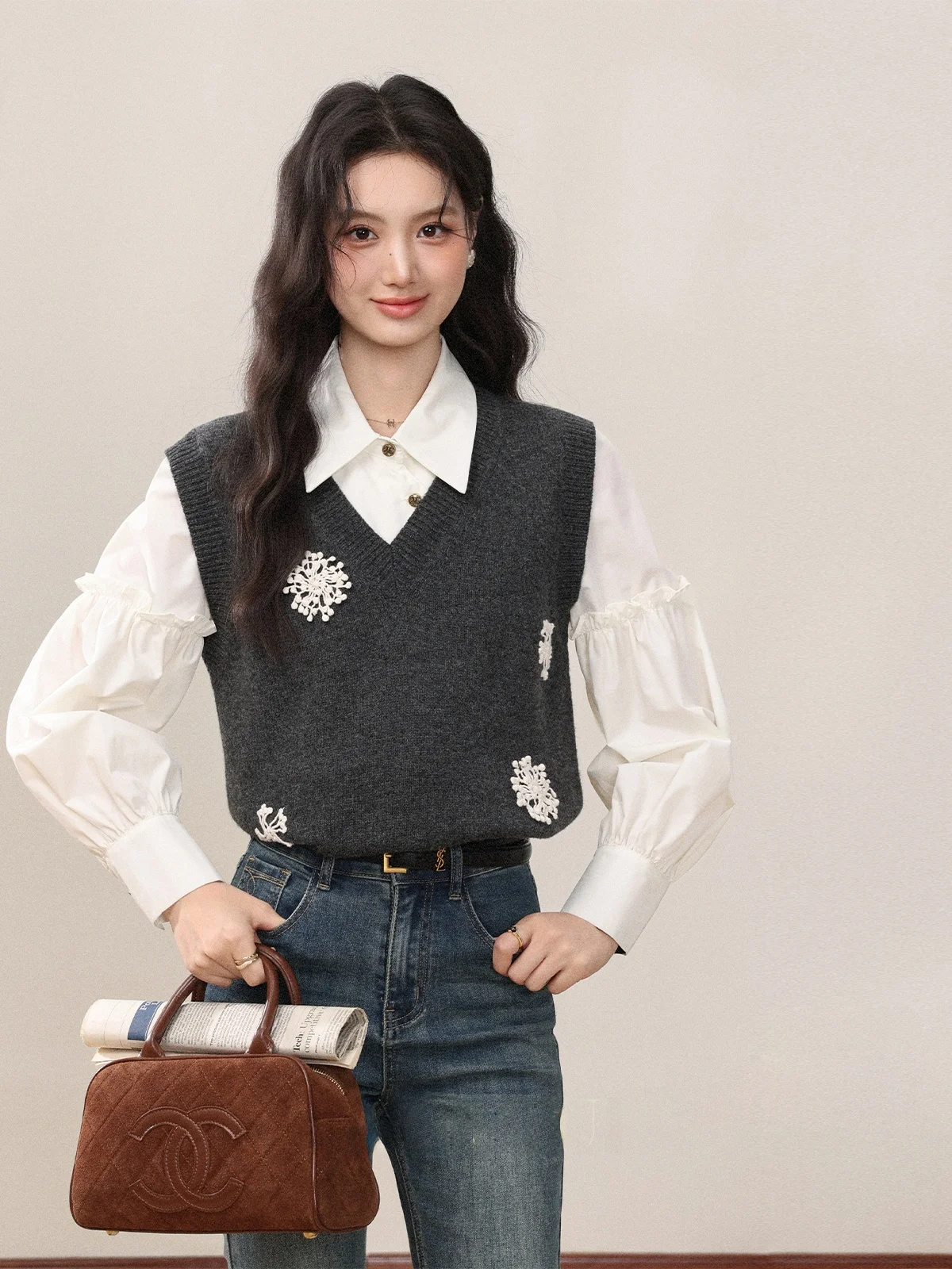 

ay Long Sve Commute Sle irt And Vest Two-Piece Set Women's Loose Fit Breathable Skin-Friendly Autumn Faion